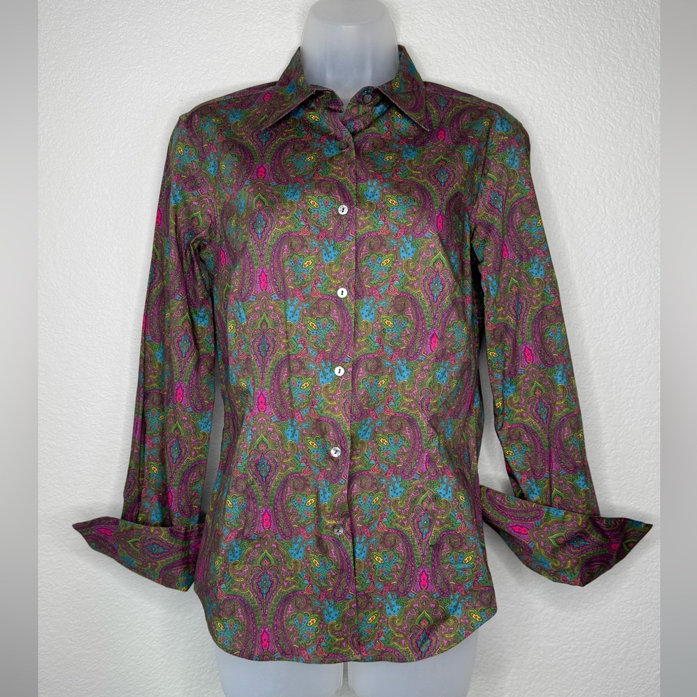 Robert Talbott Paisley Print Button-Up Shirt Cotton Blend‎ Size 6 Fitted Vibrant